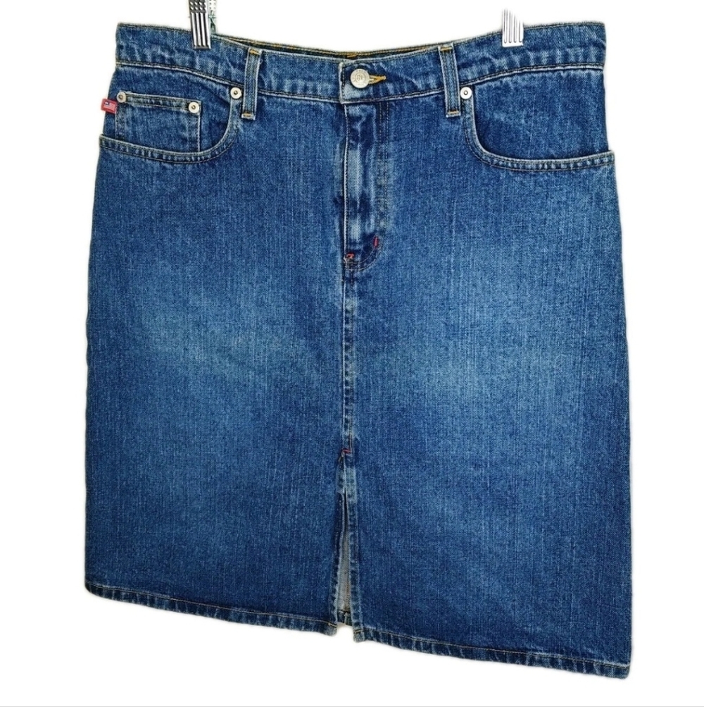 VTG 90s Y2K Polo Ralph Lauren Jean Knee Skirt Sz 10/34 Blue Denim Low Rise Mini